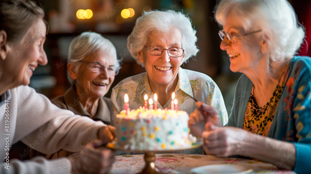 Four elderly women gather around a brightly lit birthday cake, creating an atmosphere of joy and celebration. Four elderly women gather around a brightly lit birthday cake, creating an atmosphere of joy and celebration.