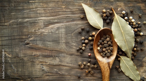 Dry bay leaf on a wooden table. Bay leaf and pepper mixture in a wooden spoon. Top view, copy spaces photo