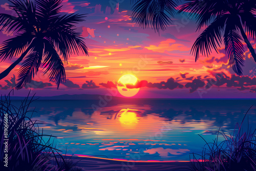 Tropical Sunset with Vibrant Colors Over Calm Ocean © Mariia