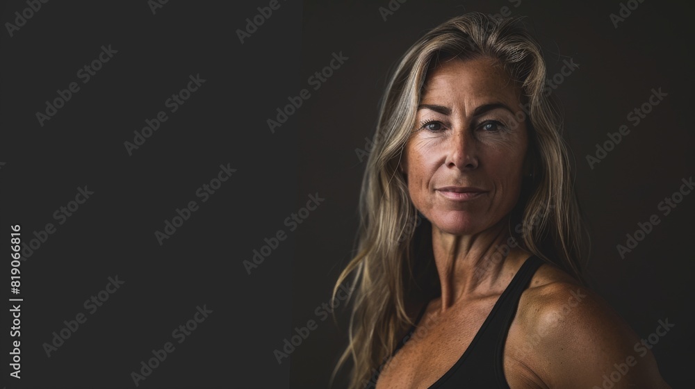 Mid age woman standing behind a flat background Mid age woman standing behind a flat background
