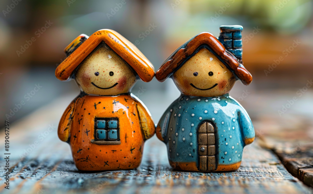 Two ceramic dolls are standing on wooden table