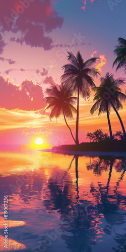 Vibrant Tropical Sunset with Palm Trees Reflecting on Calm Waters