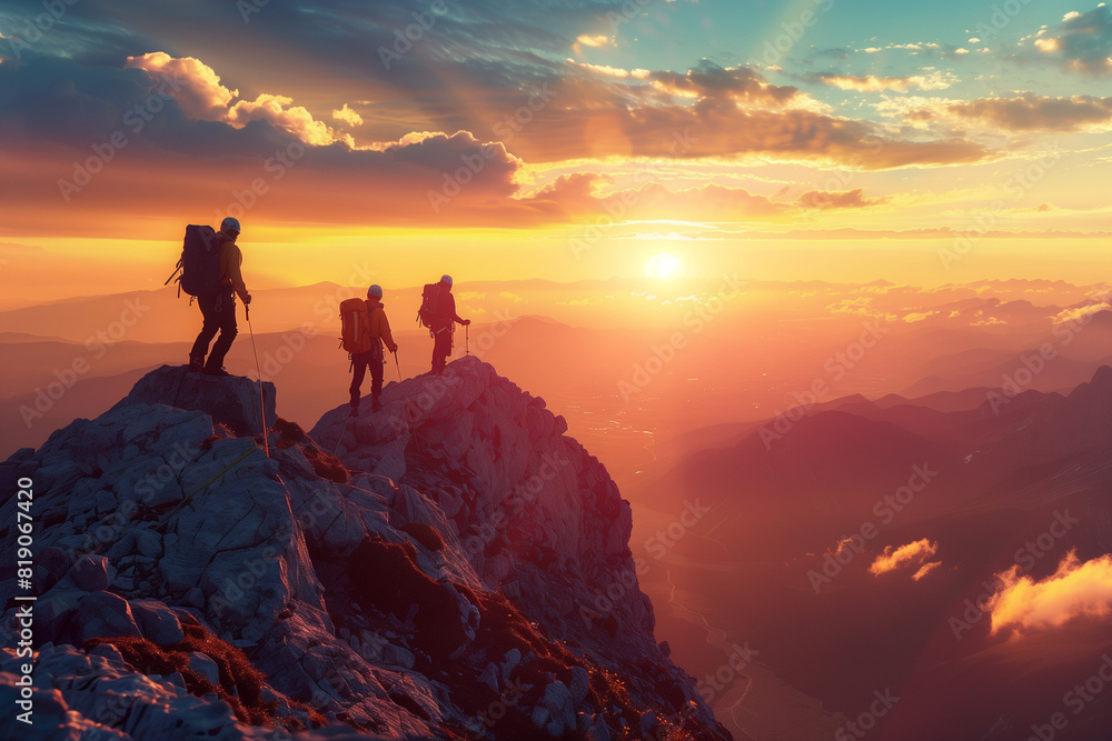 Group of Mountaineers Reaching the Summit During a Stunning Sunrise