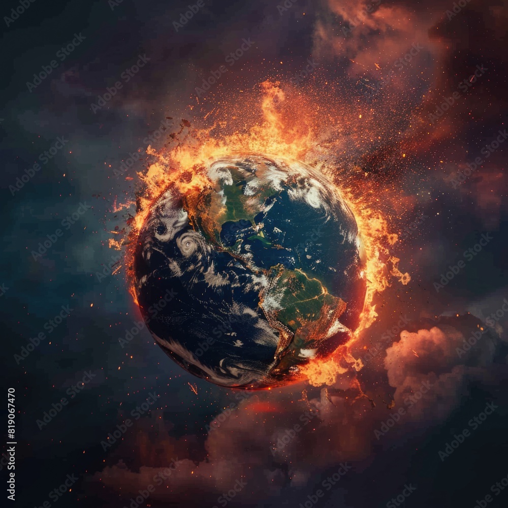 Earth globe collapse, burning, destroyed by fire. Conceptual illustration of global warming Earth globe collapse, burning, destroyed by fire. Conceptual illustration of global warming