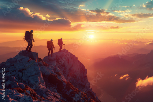 Group of Mountaineers Reaching the Summit During a Stunning Sunrise © Mariia
