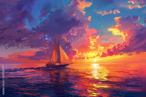 Sailboat Gliding Through Vibrant Sunset over Calm Ocean