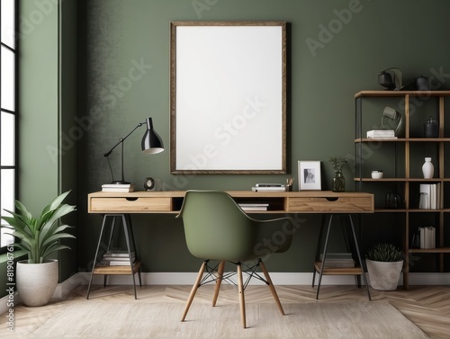 home office interior background, blank poster frame, mid-century modern style in loft, olive green wall.