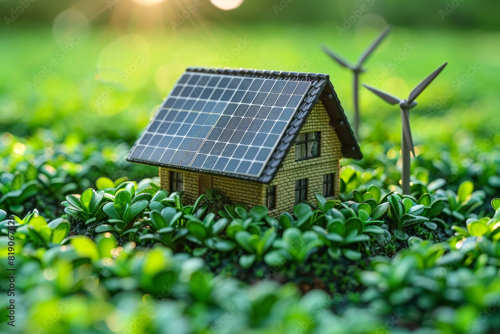 Small house is placed on the grass with solar panels and wind turbines. Small house is placed on the grass with solar panels and wind turbines.