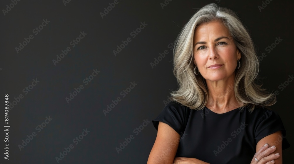 Mid age woman standing behind a flat background Mid age woman standing behind a flat background