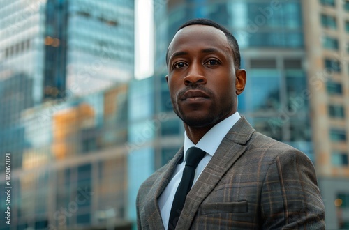 Black Man in Suit Standing in Front of City