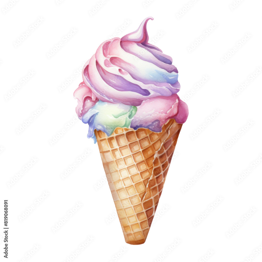 Ice Cream Cone, Ice Cream Illustration. Watercolor Style. AI Generated Ice Cream Cone, Ice Cream Illustration. Watercolor Style. AI Generated
