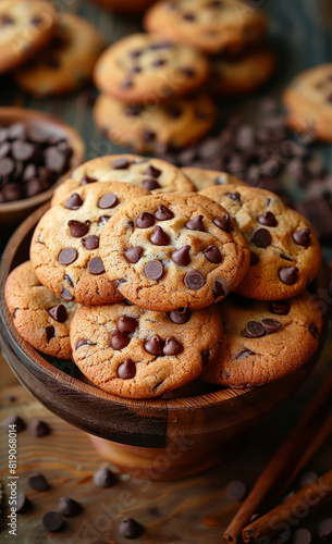 Chocolate chip cookies on wooden table