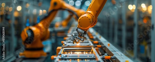 A robotic arm on an assembly line operates with lightning speed, assembling complex machinery in a fraction of a second photo