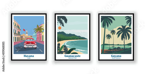 Guanacaste, National Park, Guyana, South America, Havana, Cuba - Vintage Travel Posters. Vector illustration. High Quality Prints