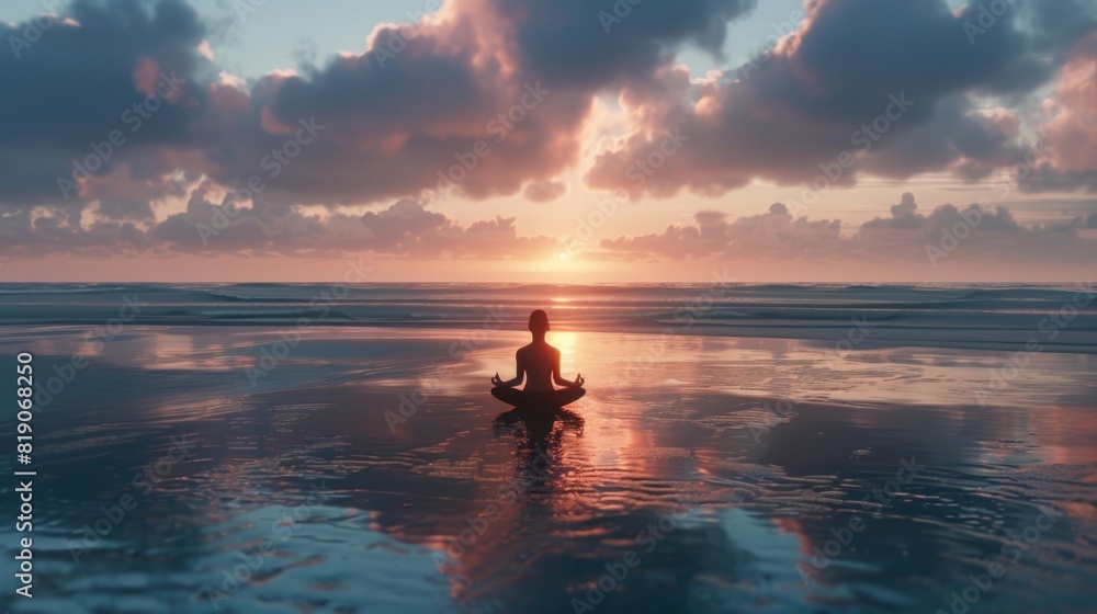 A person meditating in a lotus position on a sandy beach. Suitable for wellness and relaxation concepts A person meditating in a lotus position on a sandy beach. Suitable for wellness and relaxation concepts