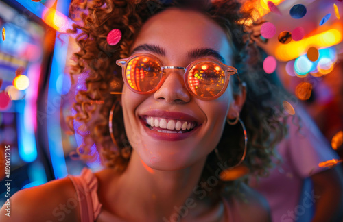 Young woman celebrating and playing slot machine in casino