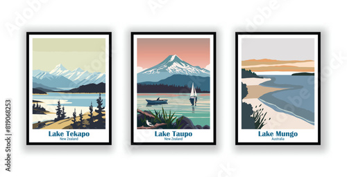 Lake Mungo, Australia, Lake Taupo, New Zealand, Lake Tekapo, New Zealand - Vintage Travel Posters. Vector illustration. High Quality Prints
