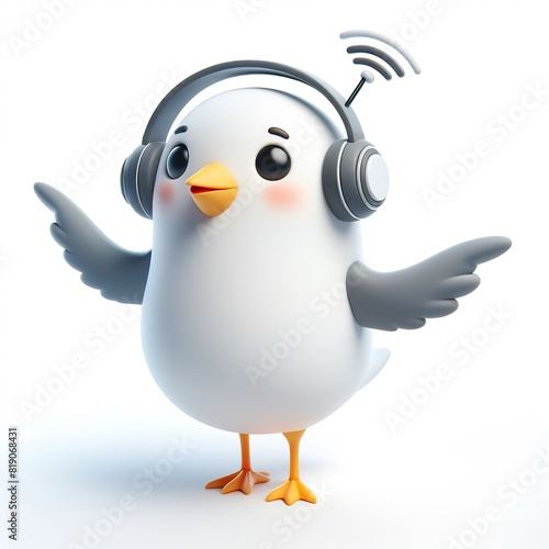 cute 3D funny cartoon seagull with small wireless headphone on head smiling and dancing  white background