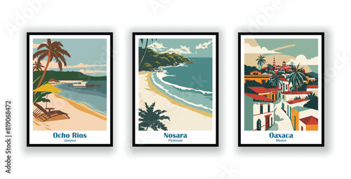 Nosara, Peninsula, Oaxaca, Mexico, Ocho Rios, Jamaica - Vintage Travel Posters. Vector illustration. High Quality Prints