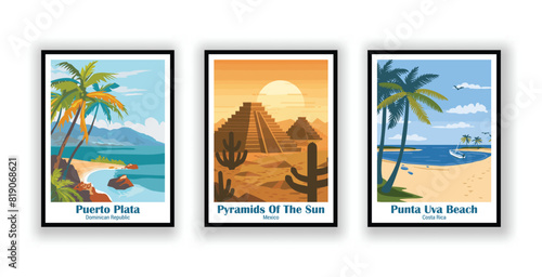 Puerto Plata, Dominican Republic, Punta Uva Beach, Costa Rica, Pyramids Of The Sun, Mexico - Vintage Travel Posters. Vector illustration. High Quality Prints