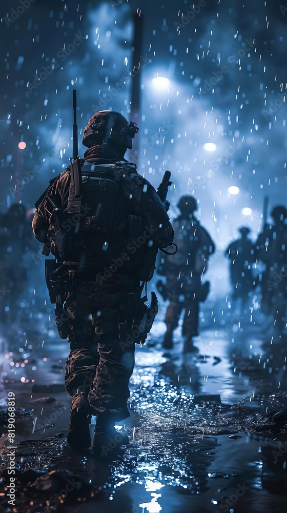 A soldier walks through the rain in full gear A soldier walks through the rain in full gear