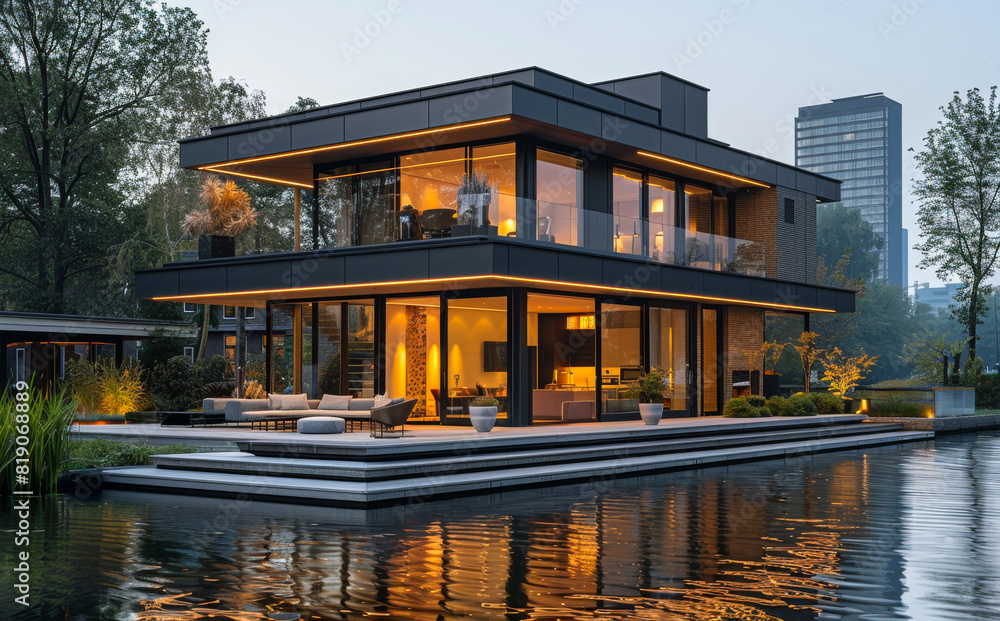 Obraz premium Modern house by the river at night. Large house with modern landscaping