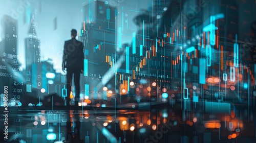 Double exposure of businessman analyzing financial charts and graphs for effective money management, budgeting, and investment strategies. Concept of business finance and data analytics.