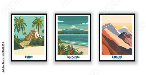 Tapanti, National Park, Tauranga, New Zealand, Tulum, Mexico - Vintage Travel Posters. Vector illustration. High Quality Prints