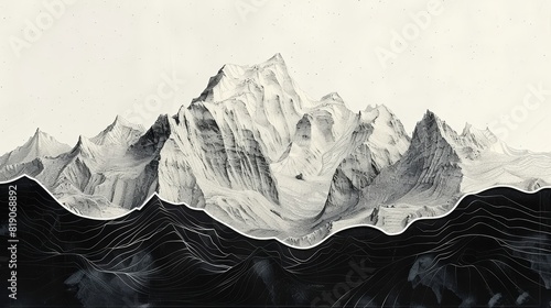 Intricate linework depicting a majestic mountain range with a textured foreground photo