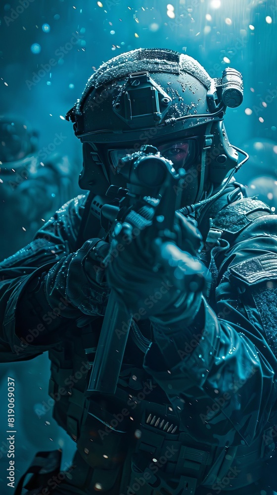 A soldier in full tactical gear is taking cover behind a wall A soldier in full tactical gear is taking cover behind a wall