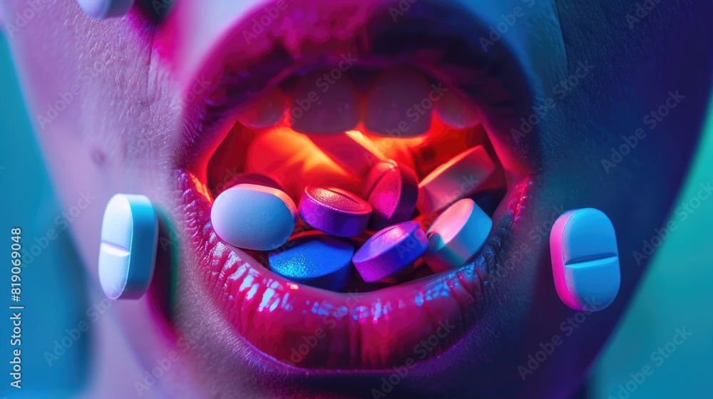 Ecstasy pills in human mouth drug addiction background