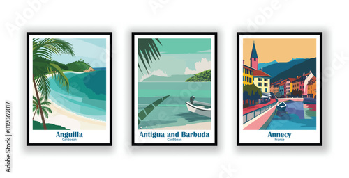 Anguilla, Caribbean, Annecy, France, Antigua and Barbuda, Caribbean - Vintage Travel Posters. Vector illustration. High Quality Prints
