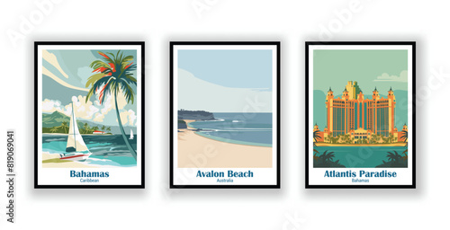 Atlantis Paradise, Bahamas, Avalon Beach, Australia, Bahamas, Caribbean - Vintage Travel Posters. Vector illustration. High Quality Prints