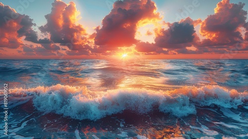 Beautiful ocean sunset with dramatic clouds and crashing waves, serene seascape.