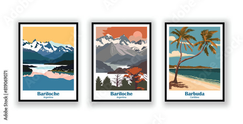 Barbuda, Caribbean, Bariloche, Argentina, Bariloche, Argentina - Vintage Travel Posters. Vector illustration. High Quality Prints