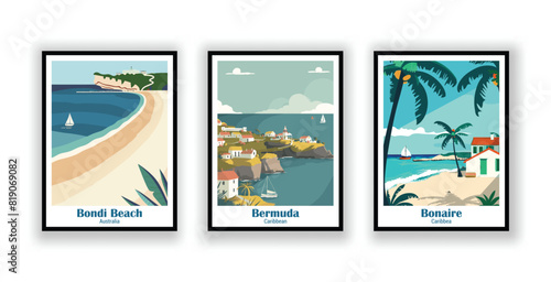 Bermuda, Caribbean, Bonaire, Caribbean, Bondi Beach, Australia - Vintage Travel Posters. Vector illustration. High Quality Prints