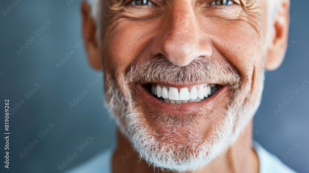 Happy senior man with snowy beard and white smile against blue backdrop Happy senior man with snowy beard and white smile against blue backdrop