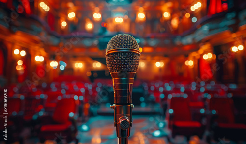 Microphone on stage in concert hall or theater waiting for voice photo