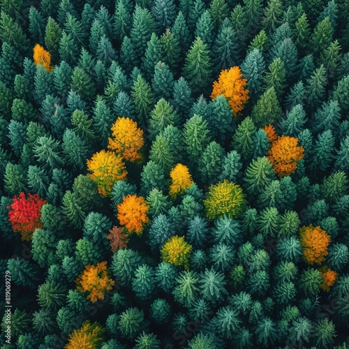 Aerial top view of autumn yellow forest and green trees in rural  Drone photo Please provide high-resolution