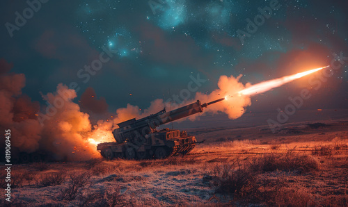 Artillery launching rocket at night. Nighttime operation of a missile launcher photo