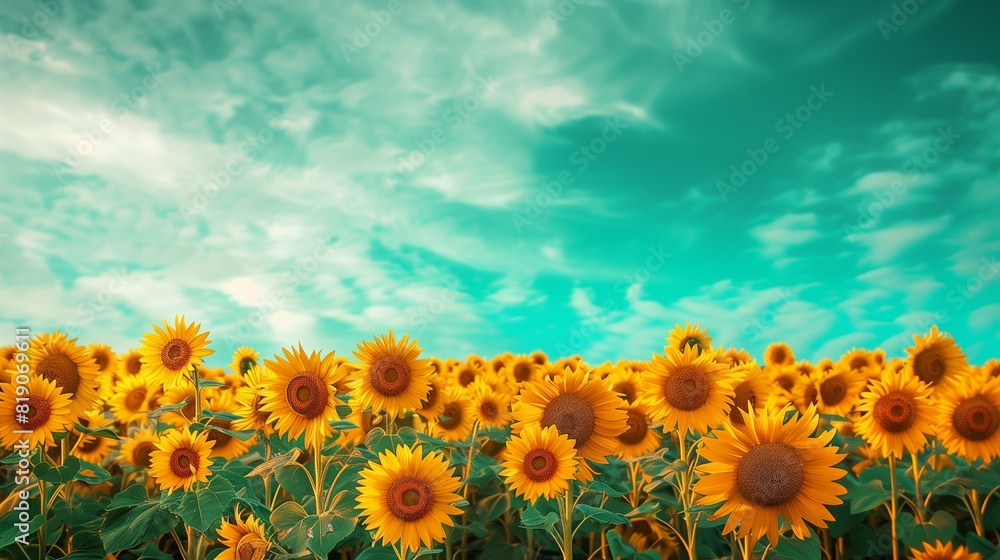 Obraz premium Bright Yellow Sunflower Field with a Turquoise Sky, Summer Vibrance