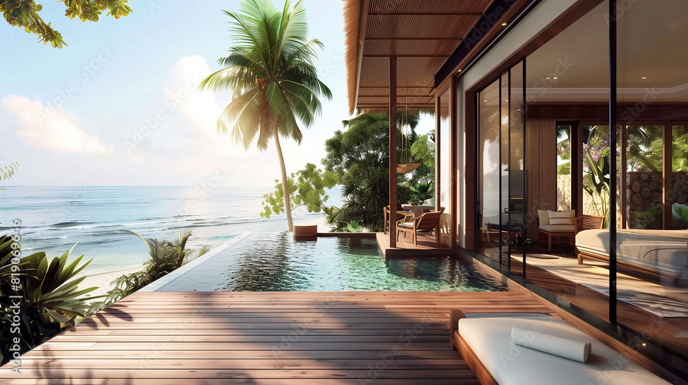 Fototapeta premium A small infinity pool outside a bedroom at a tropical resort.