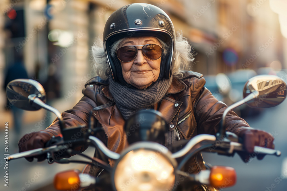 A woman riding motorcycle down street wearing helmet A woman riding motorcycle down street wearing helmet