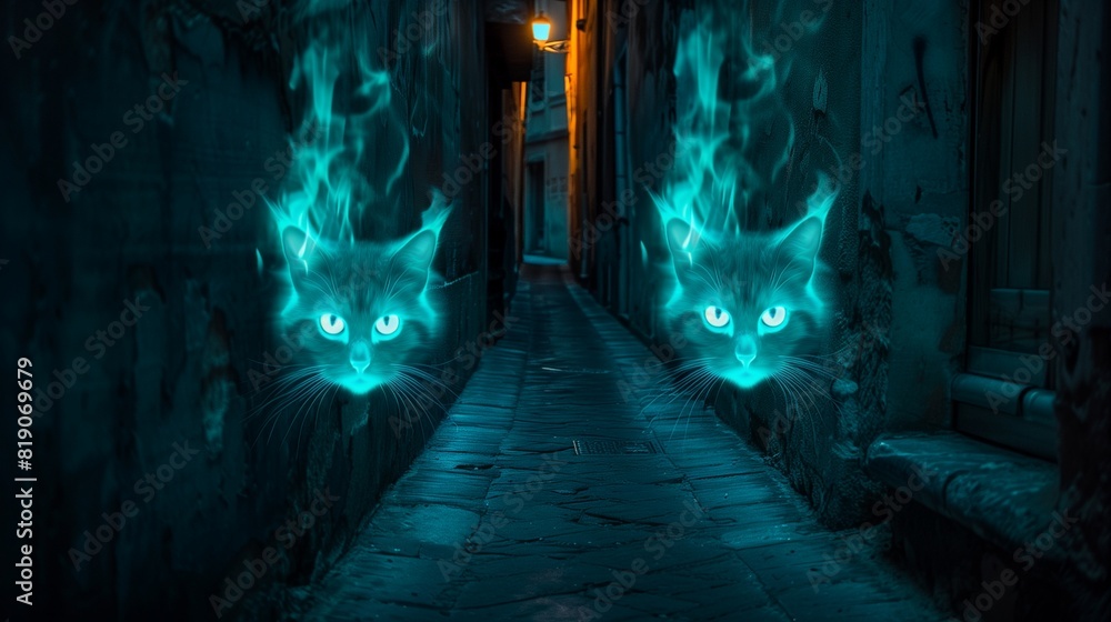 Brilliant Turquoise Flames Shaped Like a Cat's Eyes in a Dark Alley Brilliant Turquoise Flames Shaped Like a Cat's Eyes in a Dark Alley