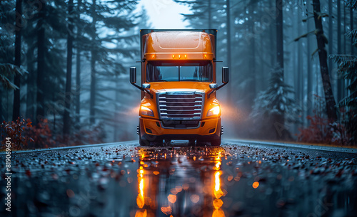 Big rig orange bonnet semi truck with dry van trailer driving on wet road with reflection of light in the water at night photo