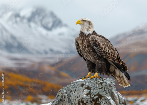Bald eagle sitting on rock in the mountains