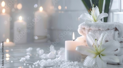 Spa background towel bathroom white luxury concept massage candle bath. Bathroom white wellness spa background towel relax aromatherapy flower accessory zen therapy aroma beauty setting table salt
