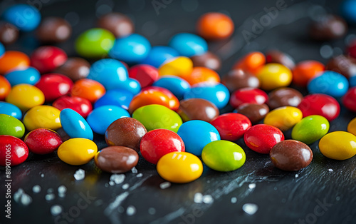 Colorful chocolate coated candy scattered on black background