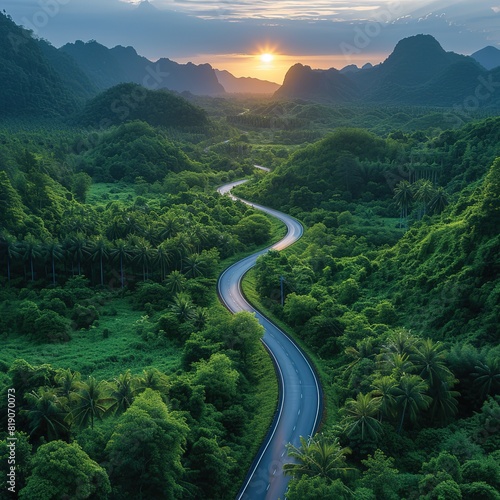 Aerial view of countryside road passing through the green forrest and mountain Please provide high-resolution