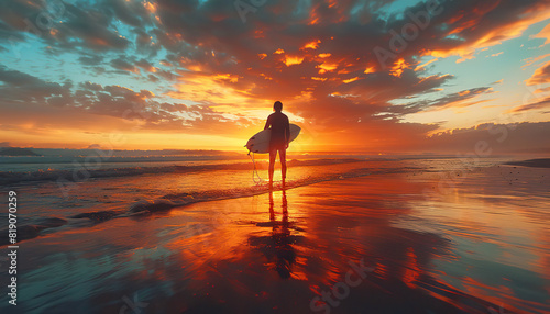 A surfer stands with his surfboard at sunset. Generated by AI.